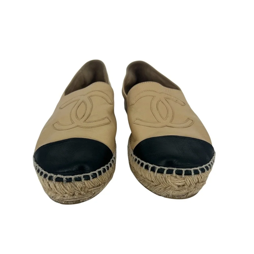 Chanel Lambskin CC Cap Toe Espadrilles Beige Black Size 41